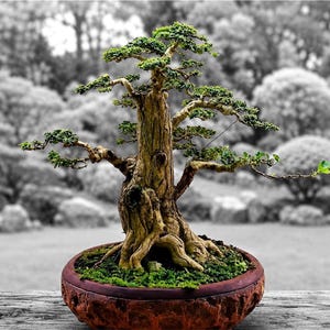 以下が含まれることがあります： 太く質感のある明るい茶色の幹を持ち、外側に伸びる複数の枝がある盆栽。鮮やかな緑色の小さな葉が特徴で、緑の苔で覆われた丸い暗赤褐色の陶器製の鉢に植えられています。