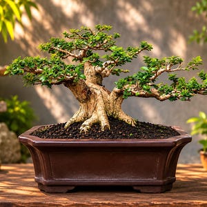 以下が含まれることがあります： 太く質感のある明るい茶色の幹と、小さな鮮やかな緑の葉で覆われた枝を持つ盆栽。この木は、暗い粒状の土が入った濃い茶色の六角形の陶器製の鉢に植えられています。