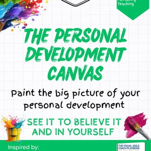 Puede incluir: Un póster con patrón de cuadrícula blanco titulado The Personal Development Canvas en texto verde. Presenta salpicaduras de pintura coloridas, un cubo de pintura amarillo, una pincelada rosa y una etiqueta verde que enumera usos.