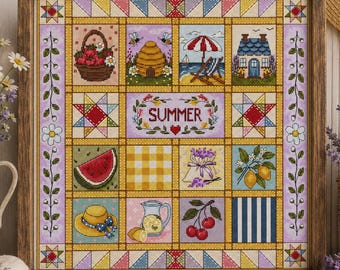 Modèle de point de croix patchwork estival style cottagecore (PDF)