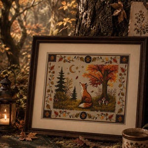 May include: A framed cross-stitch embroidery depicting a fox sitting in a forest clearing under a crescent moon. The scene includes a large autumn tree, pine trees, and small mushrooms, all surrounded by a decorative border of fall leaves.