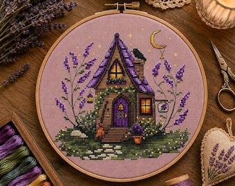 Modèle de point de croix Lavender Cottage : fleurs douillettes, lune, corbeau (téléchargement PDF)