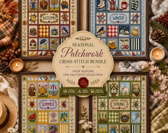 Ensemble de patchwork saisonnier hiver, printemps, été, automne, motif de point de croix cottagecore (PDF)