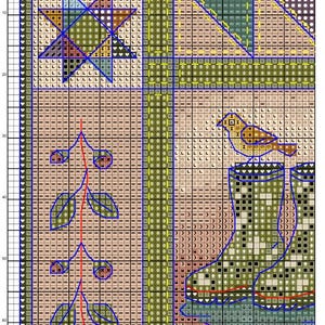 Op de afbeelding: Een kruissteekpatroon op een raster met een ster, een vogel en een paar laarzen. Het ontwerp bevat een verticale rank met bladeren, geometrische randen en diverse symbolen voor kleuren, allemaal georganiseerd in een genummerde rasterindeling.