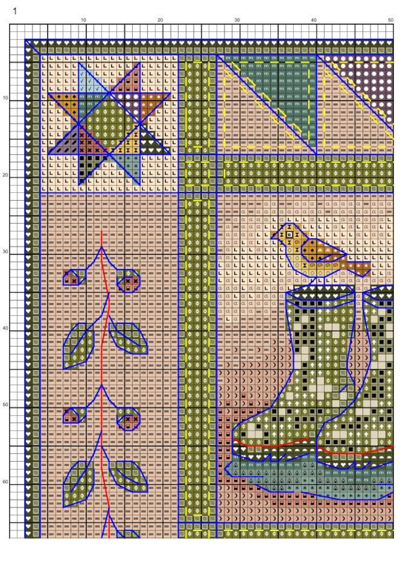 Op de afbeelding: Een kruissteekpatroon op een raster met een ster, een vogel en een paar laarzen. Het ontwerp bevat een verticale rank met bladeren, geometrische randen en diverse symbolen voor kleuren, allemaal georganiseerd in een genummerde rasterindeling.