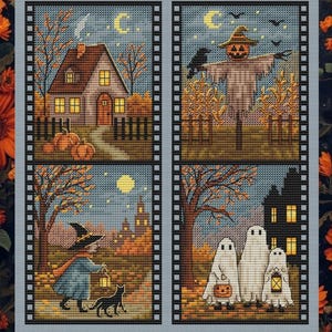 May include: A cross-stitch pattern featuring four distinct Halloween scenes framed by film strip borders. The panels depict a house with pumpkins, a scarecrow with a crow, a witch with a black cat, and three ghosts holding lanterns and candy buckets.