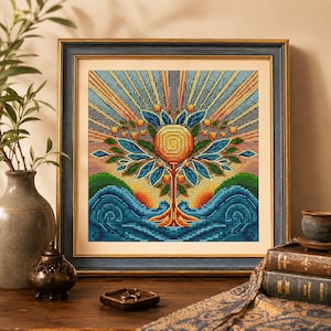 Può includere: Opera d'arte a punto croce incorniciata raffigurante un albero stilizzato con un centro a spirale, frutti arancioni e foglie blu. Lo sfondo presenta un motivo a raggi di sole con sfumature blu, arancioni e gialle. L'opera è incorniciata in una cornice di legno blu scuro.
