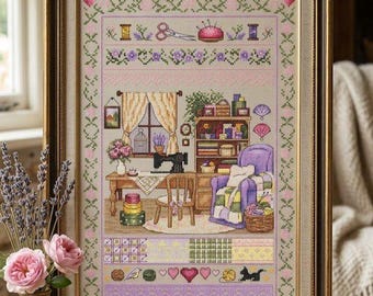 Modèle de point de croix pour un atelier créatif chaleureux : broderie, machine à coudre, ambiance cosy (PDF)