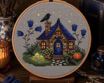 Corbeau Cottage au point de croix | Décoration d'intérieur fantaisiste de fées sorcières (PDF)