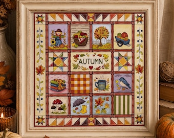 Modèle de point de croix patchwork automnal style cottagecore (PDF)
