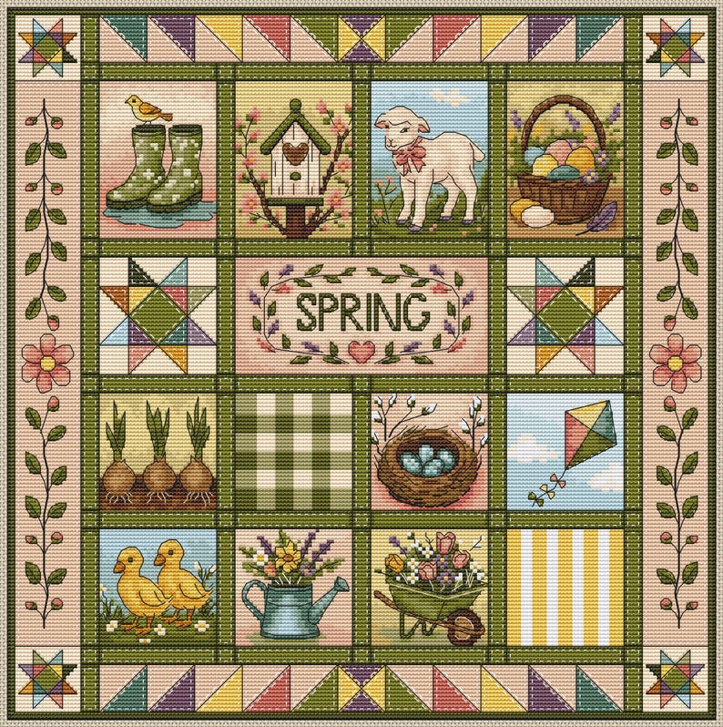Sampler patchwork lente Pasen kruissteekpatroon pdf afbeelding 2
