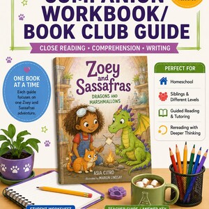 Op de afbeelding: Een werkboek en boekenclubgids voor Zoey and Sassafras Dragons and Marshmallows. De omslag toont een illustratie van een meisje, een kat en een groene draak bij een kampvuur. Inclusief een paarse pot, een groene mok en kleurpotloden.