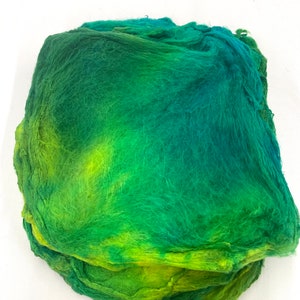 Hand Dyed Silk Fiber Mawata Silk Hankies for Felting, Spinning, Weaving, Fiber Arts, TEAL, LIME and GREEN, Nunofelting, Feltmaking