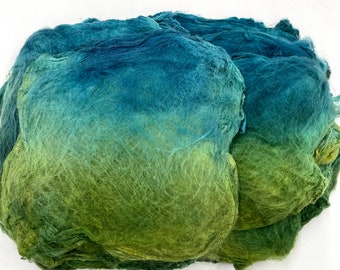 Hand Dyed Silk Fiber mawata silk hankies for felting, spinning, weaving, fiber arts, Multi Colored.