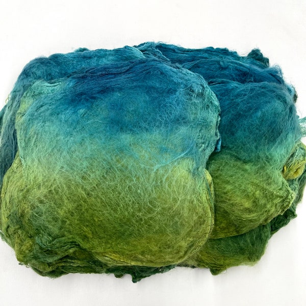 Hand Dyed Silk Fiber mawata silk hankies for felting, spinning, weaving, fiber arts, Multi Colored.