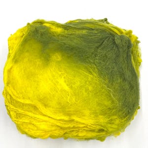Hand Dyed Mawata Silk Hankies: Lime & Olive Green Fiber for Felting