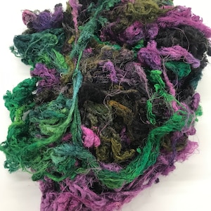 Hand Dyed Silk Mulberry Throwster Fiber for Felting, Spinning, Knitting, Weaving, Charcoal, PINK and Green, and Artist Made, Handmade