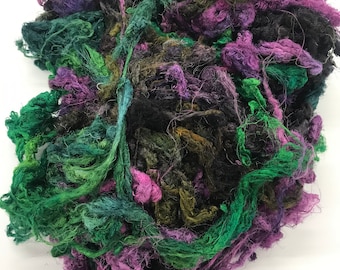 Hand Dyed Silk Mulberry Throwster Fiber for Felting, Spinning, Knitting, Weaving, Charcoal, PINK and Green, and Artist Made, Handmade