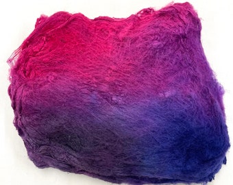 Hand Dyed Silk Fiber mawata silk hankies for felting, spinning, weaving, fiber arts, Multi Colored, CHARCOAL , MAGENTA and PURPLE.