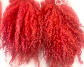 Hand Dyed Teeswater Long Wool Locks for Felting, Spinning, Weaving, Fiber Crafts, 1st Clip, CORAL, Handmade, Textile Artist