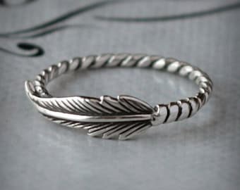 Feather Ring Sterling Silver, Rope Band