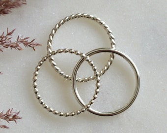 Sterling Silver Stacking Rings Set: Beaded, Rope, Smooth
