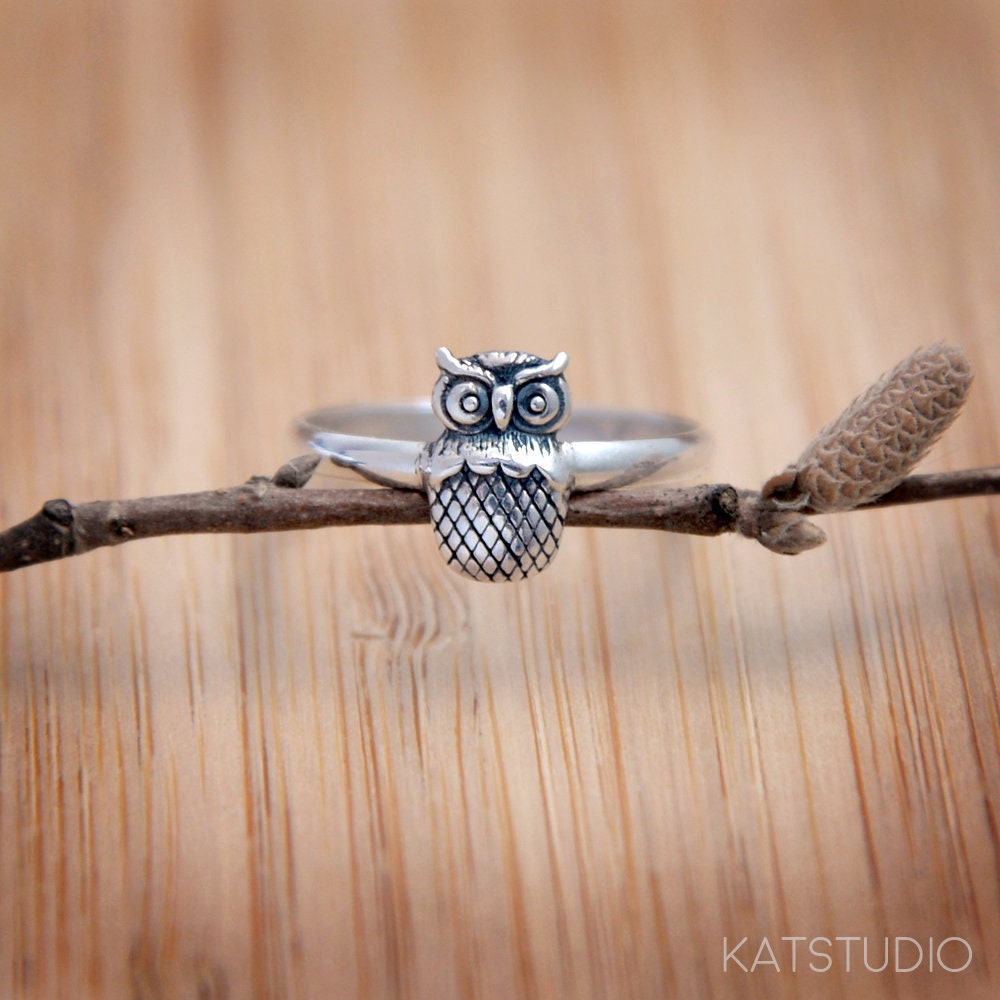Sterling Silver Owl Ring: Oxidized Bird Jewelry
