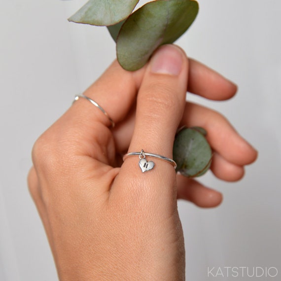 Personalized Sterling Silver Heart Charm Ring: Initial Jewelry