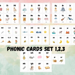 May include: A collection of educational phonic cards labeled PHONIC CARDS SET 1,2,3. The cards feature letters of the alphabet and letter combinations paired with watercolor illustrations of corresponding objects like an apple, bus, cat, and dog.