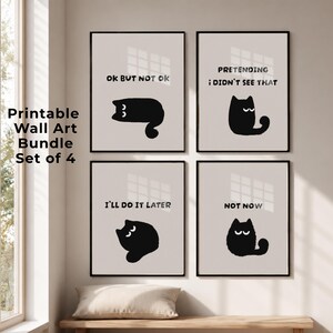 Conjunto minimalista de arte mural de gatos negros, paquete de pósteres con frases divertidas sobre gatos, decoración moderna para imprimir con motivos de gatos (descarga digital).