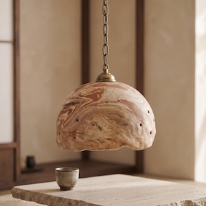 Handgjord Nerikomi taklampa i stengods, Wabi-Sabi marmorerad kupollampa (antik mässingskedja)
