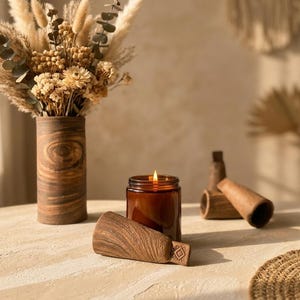 Op de afbeelding: Een hoge cilindrische bruine houten vaas gevuld met gedroogd pampasgras en bloemen, geplaatst naast een brandende kaars in een amberkleurige glazen pot en verschillende kleine, uitgesneden houten voorwerpen met geometrische patronen.