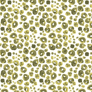 May include: A seamless pattern featuring a repeating design of olive green and yellow abstract spots on a white background.