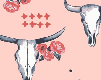 Floral Fabric, Monaluna Organic Cotton Fabric, Skulls and Roses, Journey Collection, Desert Flower and Cactus