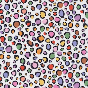May include: A white background with a repeating pattern of colorful leopard spots. The spots are in various shades of pink, orange, yellow, green, blue, and brown.