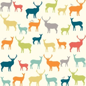 May include: A seamless pattern featuring colorful silhouettes of deer and elk. The pattern includes a variety of colors, including blue, green, yellow, orange, red, and gray. The deer and elk are all facing different directions and are arranged in a random pattern.