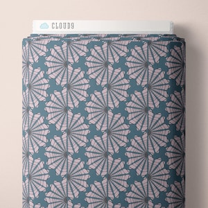 Cloud 9 Organic Cotton Fabric, Shell fan in blue from the Seashell Serenade Collection by Jayme Murray, Quilters Weight