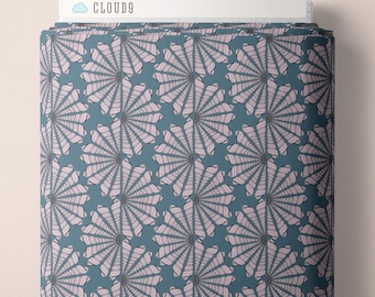 Cloud 9 Organic Cotton Fabric, Shell fan in blue from the Seashell Serenade Collection by Jayme Murray, Quilters Weight