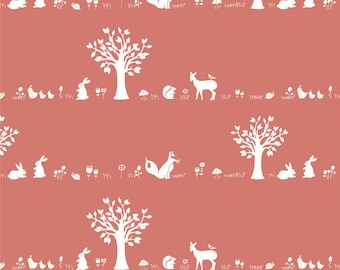Birch Organic Cotton Fabric, Forest Friends Coral, Storyboek Drie by Jay-Cyn Designs, Quilting Fabric, Animal and Tree Fabric, Green
