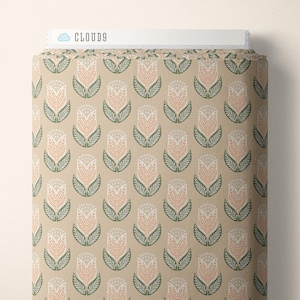 Cloud 9 Organic Cotton Fabric,  Tulips | Tan from the Honey Garden Collection by Juliana Tipton, Quilters Weight, Bees, Floral
