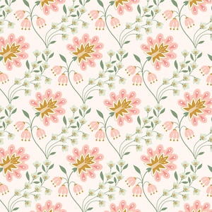 May include: A seamless pattern featuring pink and gold flowers with green stems and leaves on a white background.