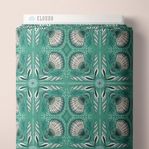 Seashell Fabric, Cloud 9 Organic Cotton Fabric, Shell tile Green from the Seashell Serenade Collection by Jayme Murray, Quilters Weight
