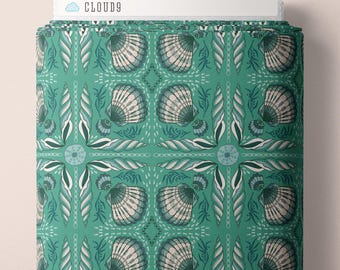 Seashell Fabric, Cloud 9 Organic Cotton Fabric, Shell tile Green from the Seashell Serenade Collection by Jayme Murray, Quilters Weight