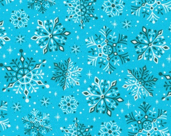 Snowflake Fabric, Cloud 9 Organic Cotton, Wonderland, Tinsel Collection, Quilters Weight, Holiday Fabric, Blue