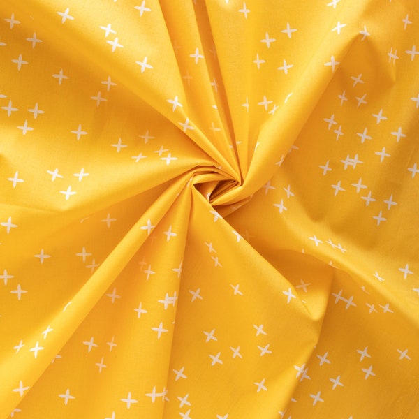 Birch Organic Cotton Fabric, Wink Lemon Poplin from the Birch Basics Reboot 2021 Collection, Yellow star fabric