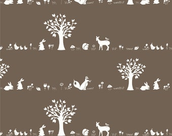 Birch Organic Cotton Fabric, Forest Friends Brown, Storyboek Drie by Jay-Cyn Designs, Quilting Fabric, Animal and Tree Fabric, Green