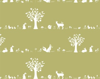 Birch Organic Cotton Fabric, Forest Friends Moss, Storyboek Drie by Jay-Cyn Designs, Quilting Fabric, Animal and Tree Fabric, Green