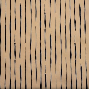May include: A beige fabric with a black striped pattern. The stripes are thin and wavy, creating a subtle texture.