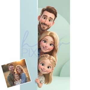 May include: A digitally rendered family of four, peeking from behind a light blue wall. The family includes a smiling father, mother, and two daughters with blonde hair. A smaller photo of the family is in the lower left corner.