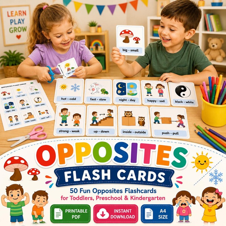 Buy Opposites Flash Cards for Kids Printable PDF Montessori Antonyms ...